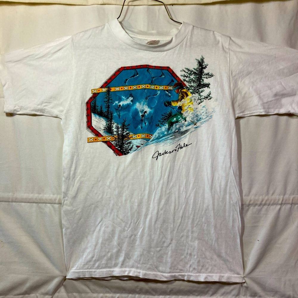 VTG 1985 Ski Jackson Hole Wyoming T-Shirt M White Graphic Single Stitch Aztec